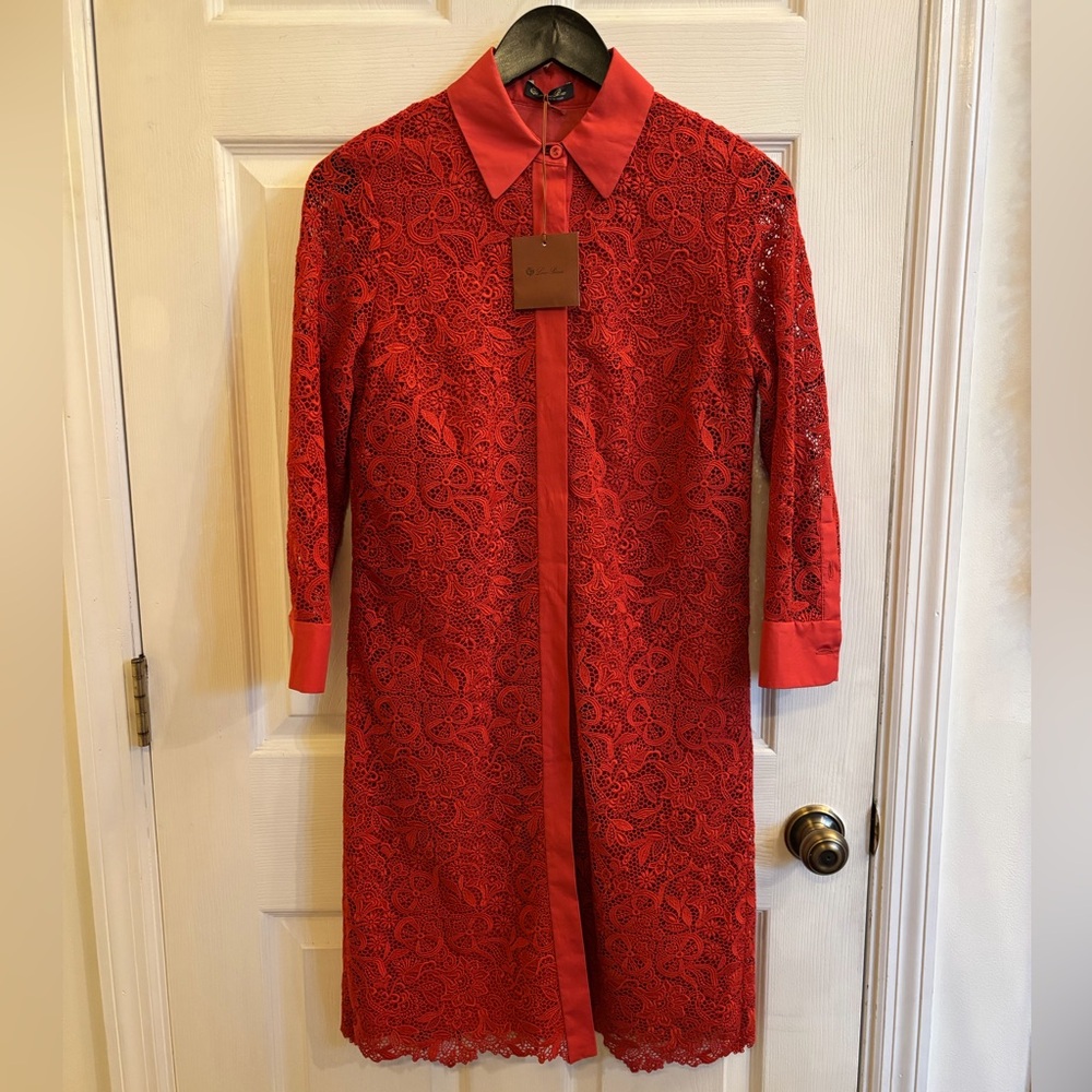 Loro Piana Terracotta Red Orange Lacework Shirtdress